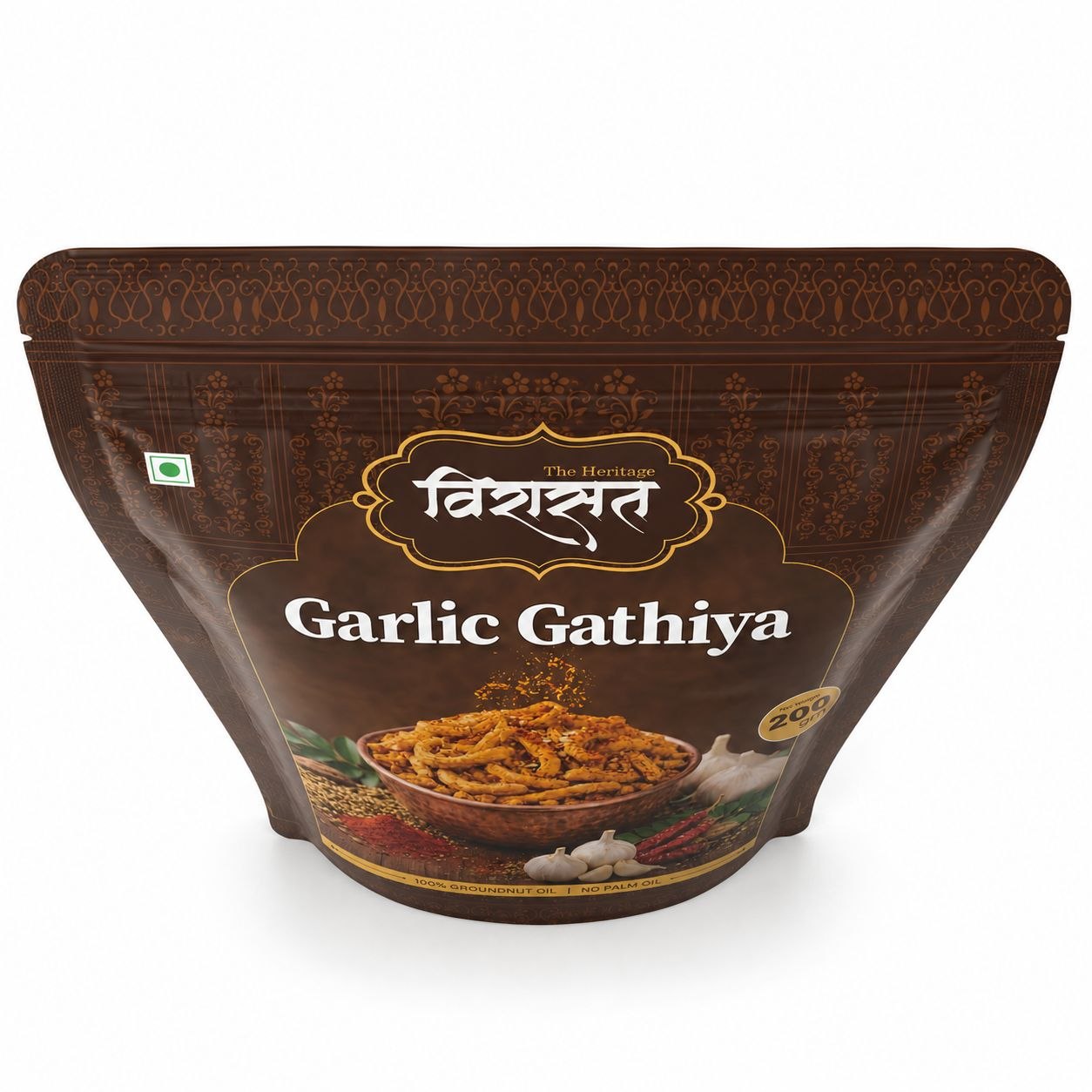 Angled view of a Virasat Garlic Gathiya pouch